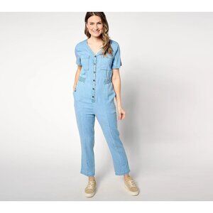 AnyBody Jumpsuit Size Small Regular Drapey Denim Button Up Light Wash Blue NEW
